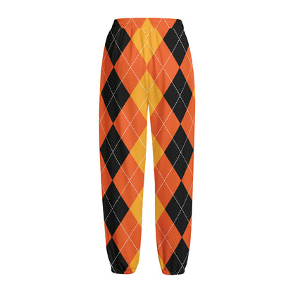 Orange And Black Argyle Pattern Print Fleece Lined Knit Pants
