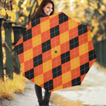Orange And Black Argyle Pattern Print Foldable Umbrella