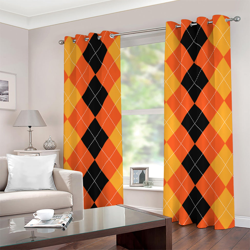 Orange And Black Argyle Pattern Print Grommet Curtains