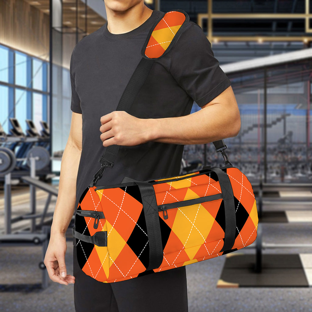Orange And Black Argyle Pattern Print Gym Bag