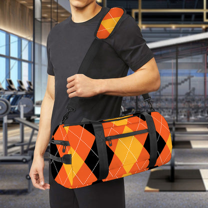 Orange And Black Argyle Pattern Print Gym Bag