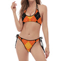 Orange And Black Argyle Pattern Print Halter Scoop Tie Side Bikini