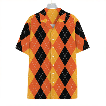 Orange And Black Argyle Pattern Print Hawaiian Shirt