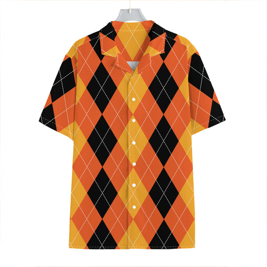 Orange And Black Argyle Pattern Print Hawaiian Shirt