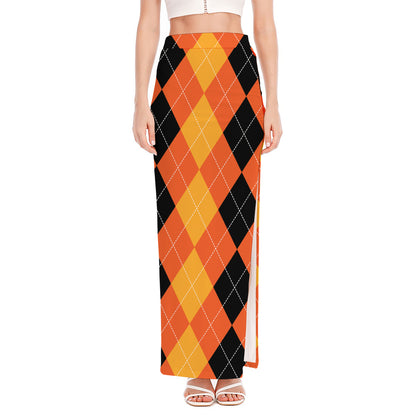 Orange And Black Argyle Pattern Print High Slit Maxi Skirt