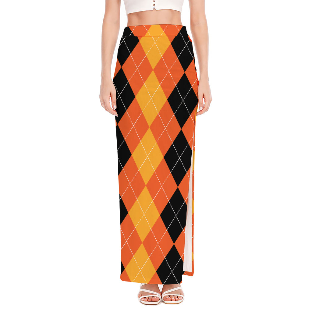 Orange And Black Argyle Pattern Print High Slit Maxi Skirt