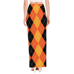 Orange And Black Argyle Pattern Print High Slit Maxi Skirt