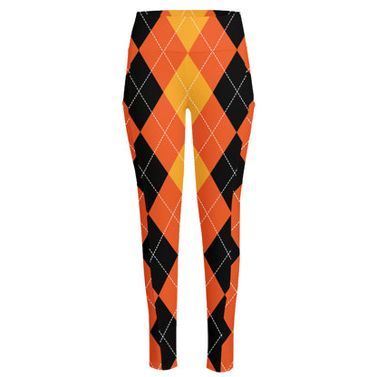 Orange And Black Argyle Pattern Print High-Waisted Pocket Leggings