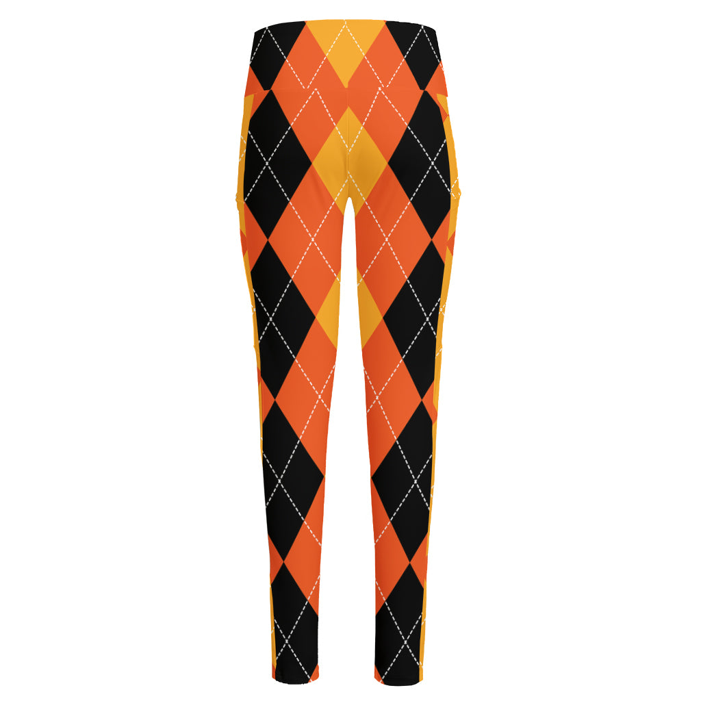 Orange And Black Argyle Pattern Print High-Waisted Pocket Leggings