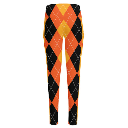 Orange And Black Argyle Pattern Print High-Waisted Pocket Leggings