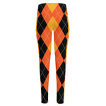 Orange And Black Argyle Pattern Print High-Waisted Pocket Leggings