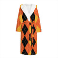 Orange And Black Argyle Pattern Print Hooded Bathrobe