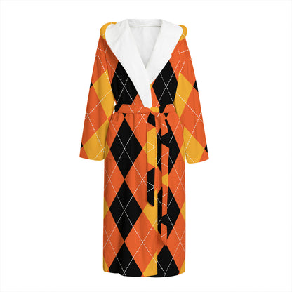Orange And Black Argyle Pattern Print Hooded Bathrobe