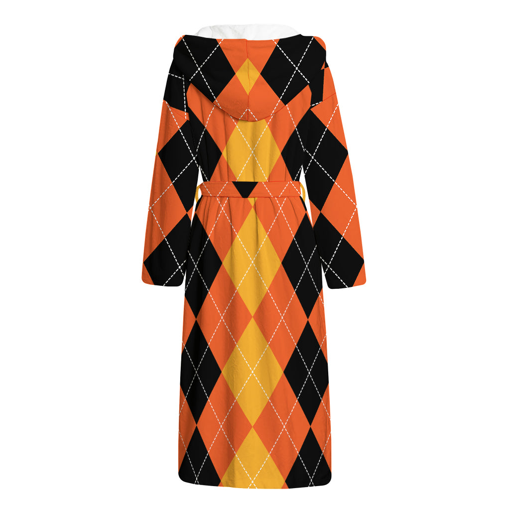 Orange And Black Argyle Pattern Print Hooded Bathrobe