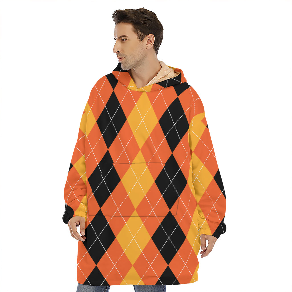 Orange And Black Argyle Pattern Print Hoodie Blanket