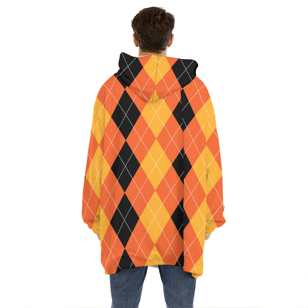 Orange And Black Argyle Pattern Print Hoodie Blanket
