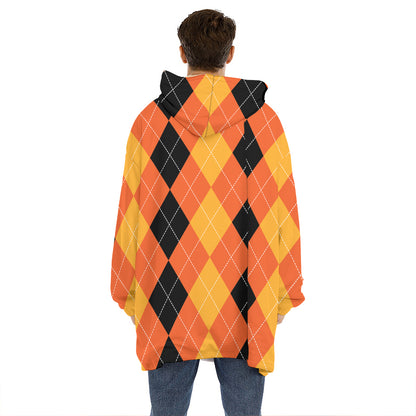 Orange And Black Argyle Pattern Print Hoodie Blanket