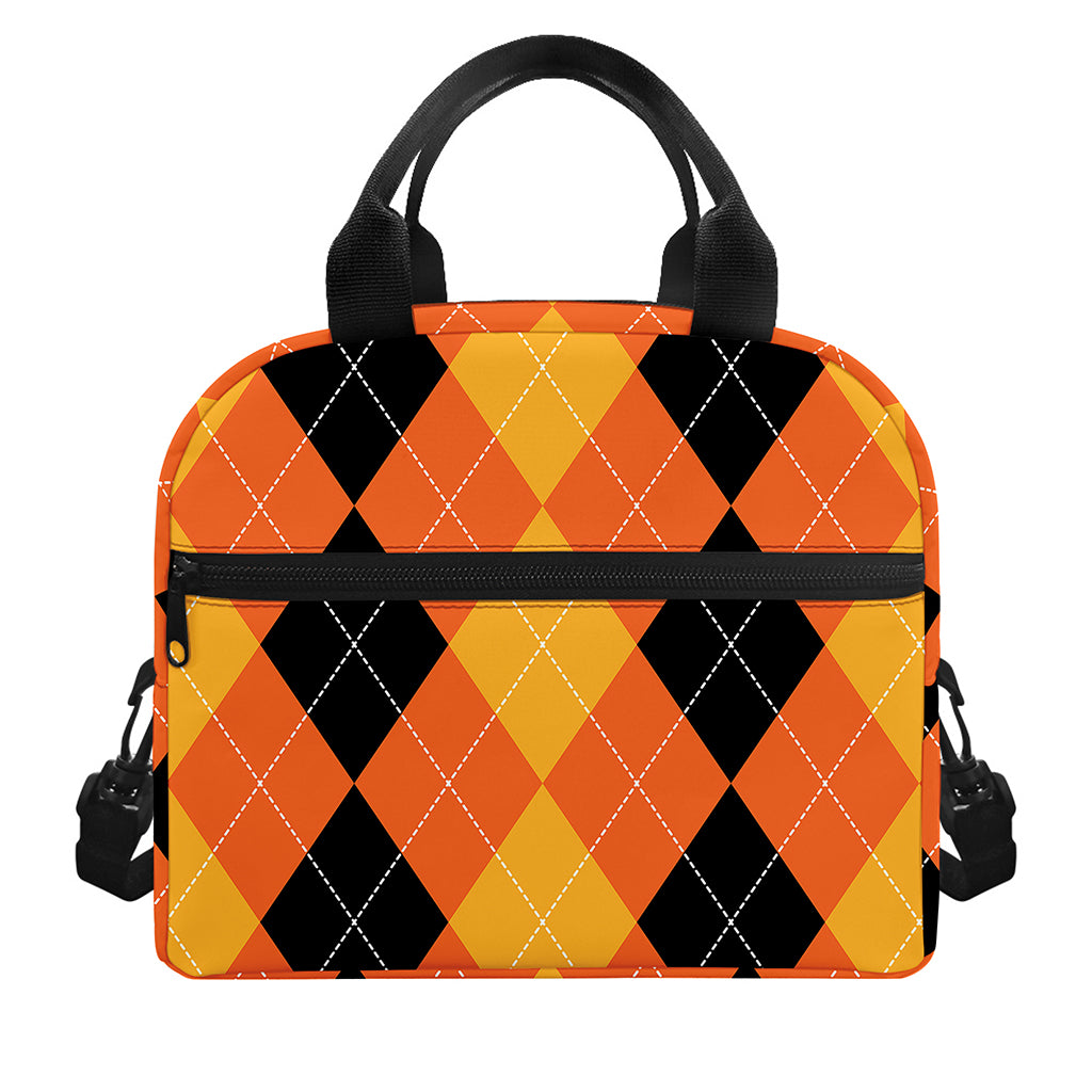 Orange And Black Argyle Pattern Print Insulated Lunch Bag