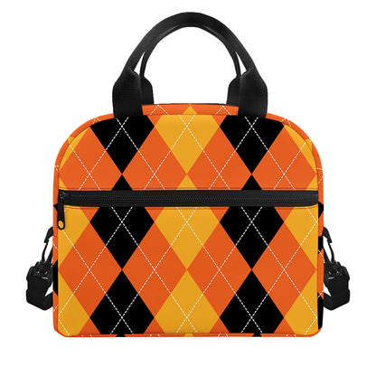 Orange And Black Argyle Pattern Print Insulated Lunch Bag