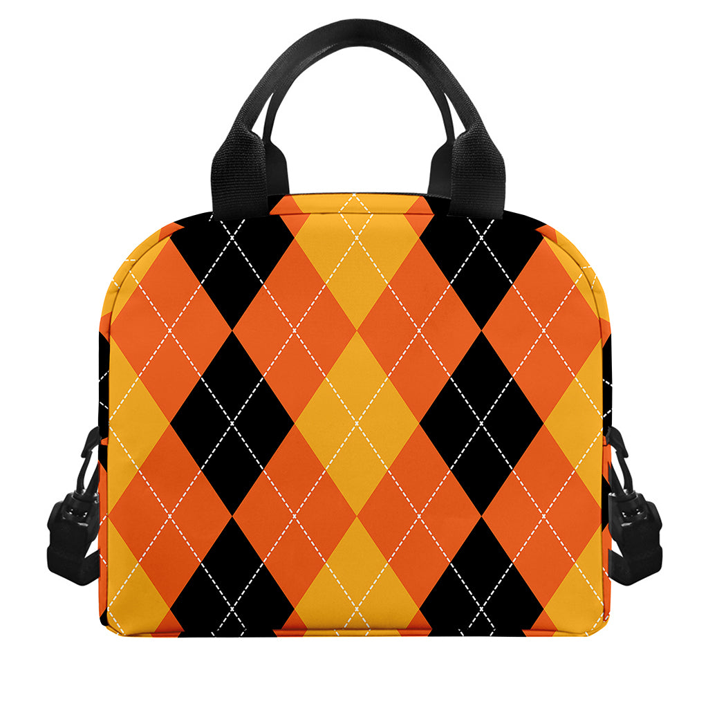 Orange And Black Argyle Pattern Print Insulated Lunch Bag