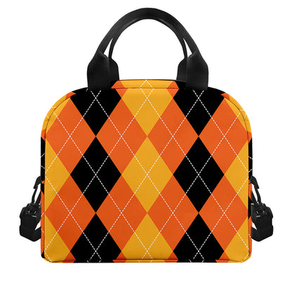 Orange And Black Argyle Pattern Print Insulated Lunch Bag