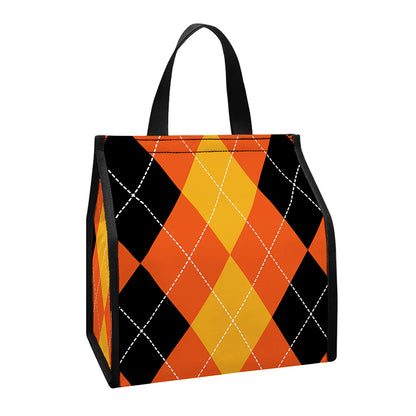 Orange And Black Argyle Pattern Print Insulated Lunch Tote