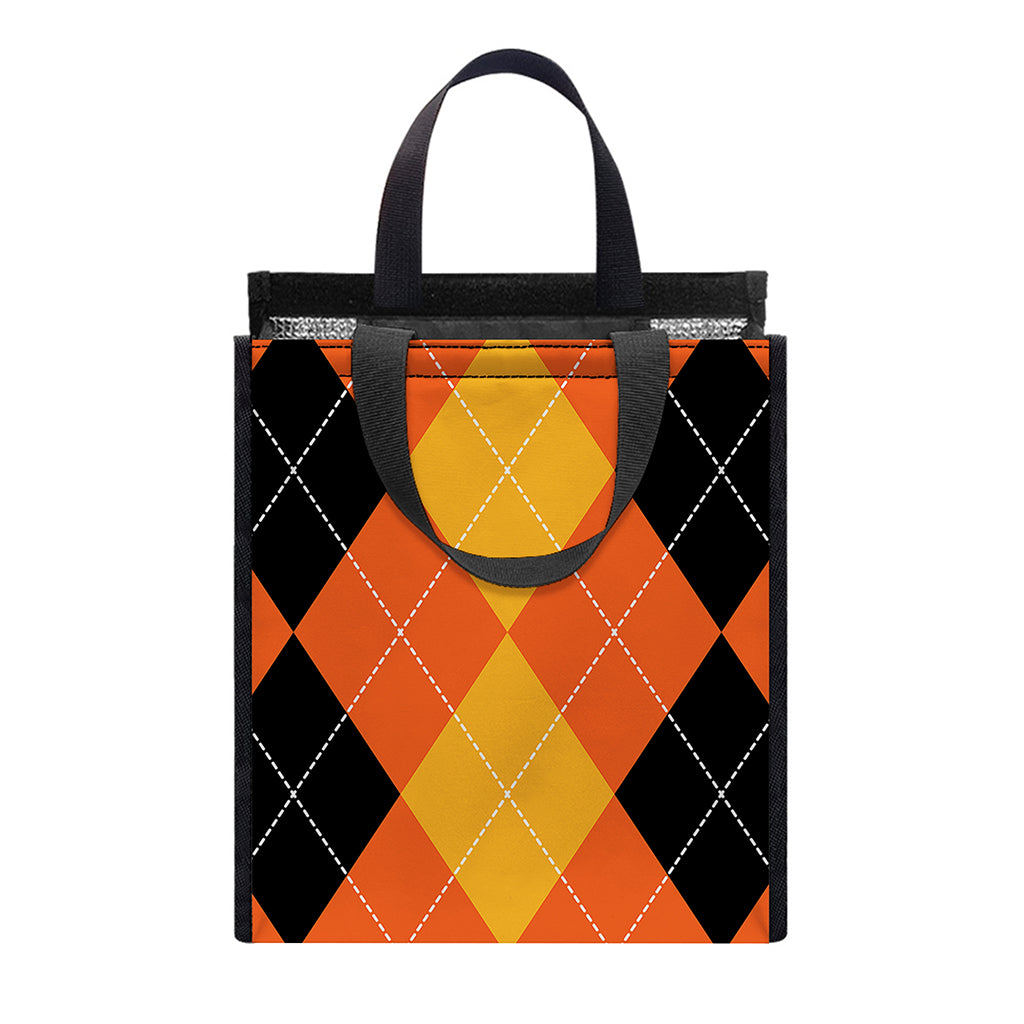 Orange And Black Argyle Pattern Print Insulated Lunch Tote