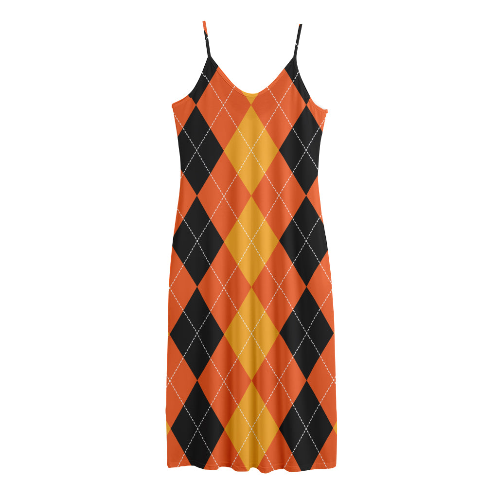 Orange And Black Argyle Pattern Print Jersey Midi Cami Dress