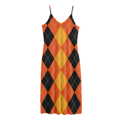 Orange And Black Argyle Pattern Print Jersey Midi Cami Dress