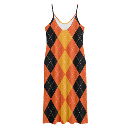 Orange And Black Argyle Pattern Print Jersey Midi Cami Dress