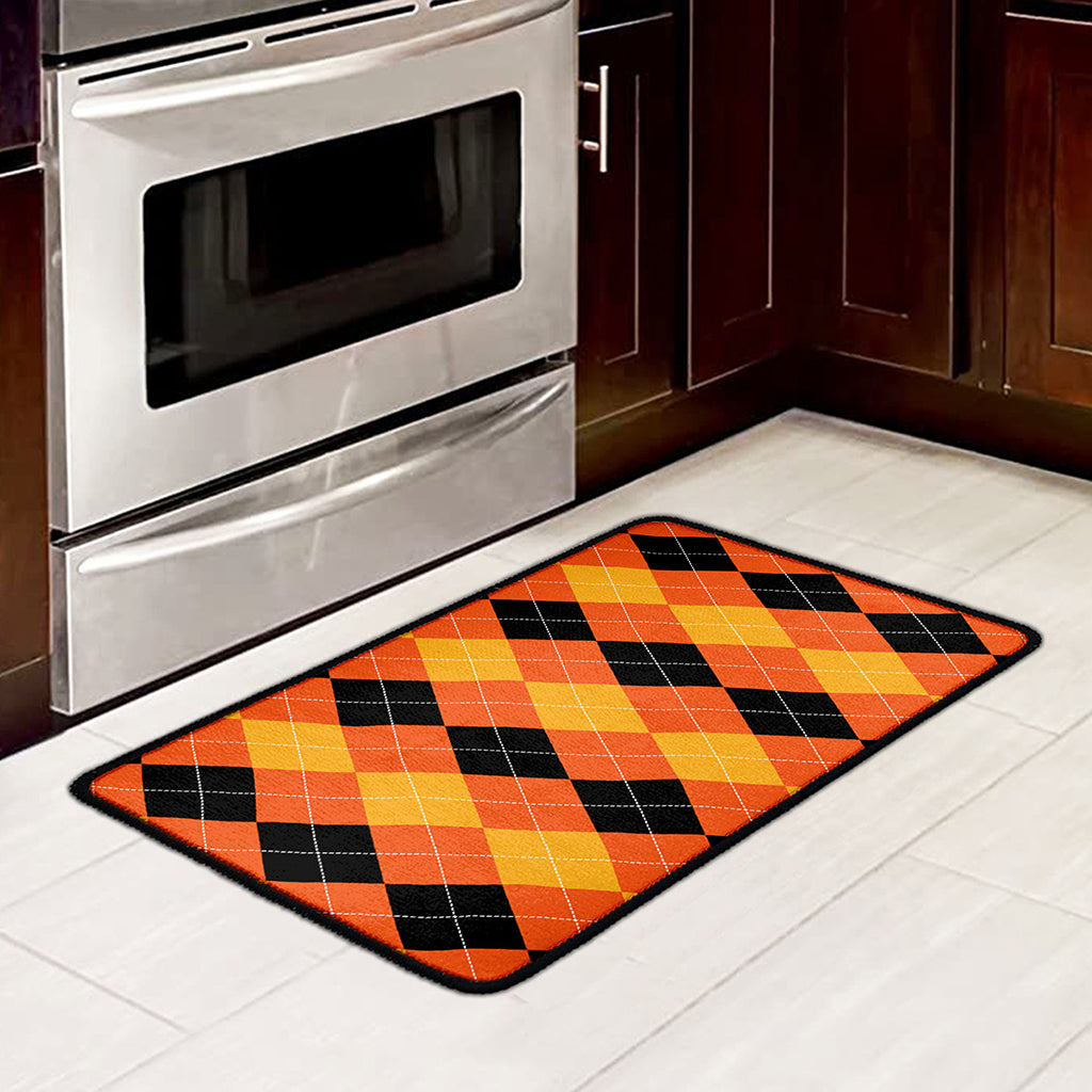 Orange And Black Argyle Pattern Print Kitchen Mat