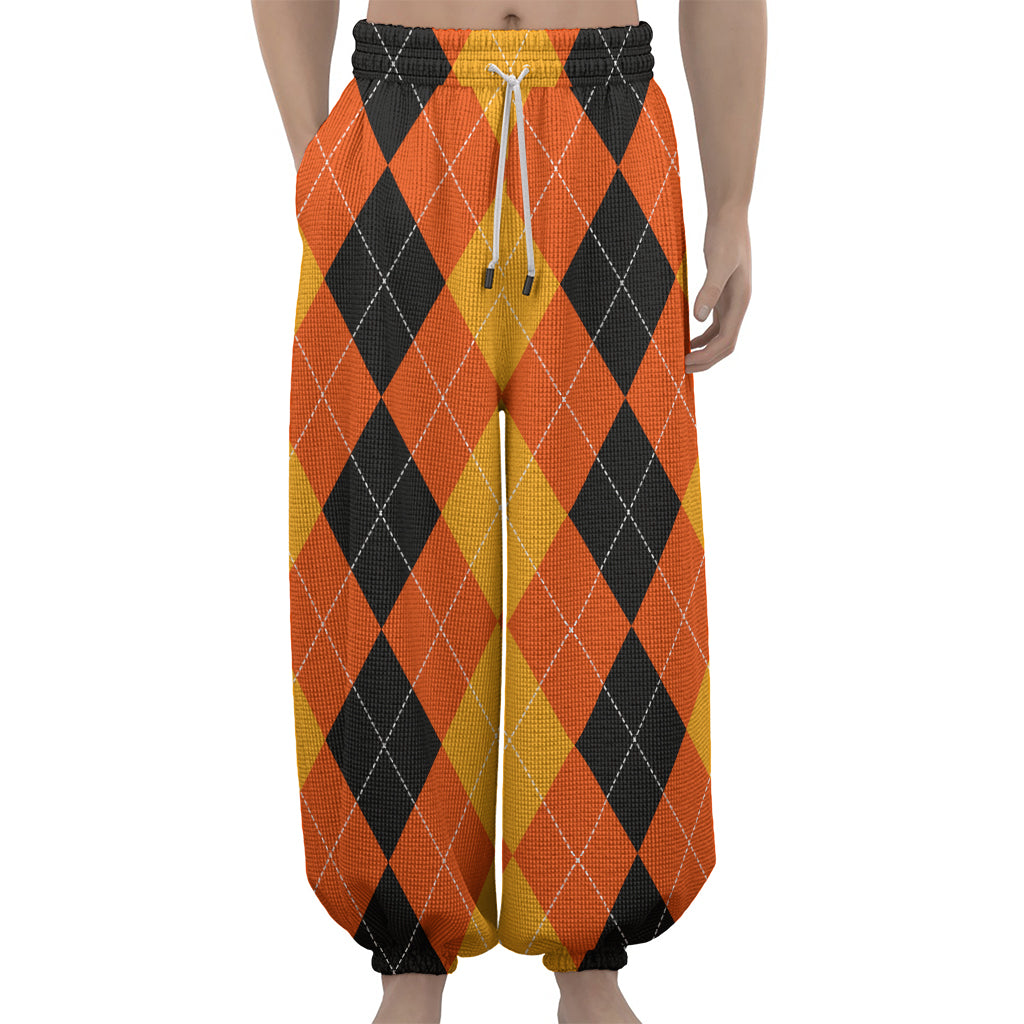 Orange And Black Argyle Pattern Print Lantern Pants
