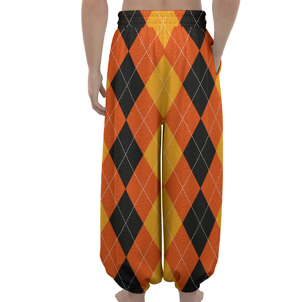 Orange And Black Argyle Pattern Print Lantern Pants