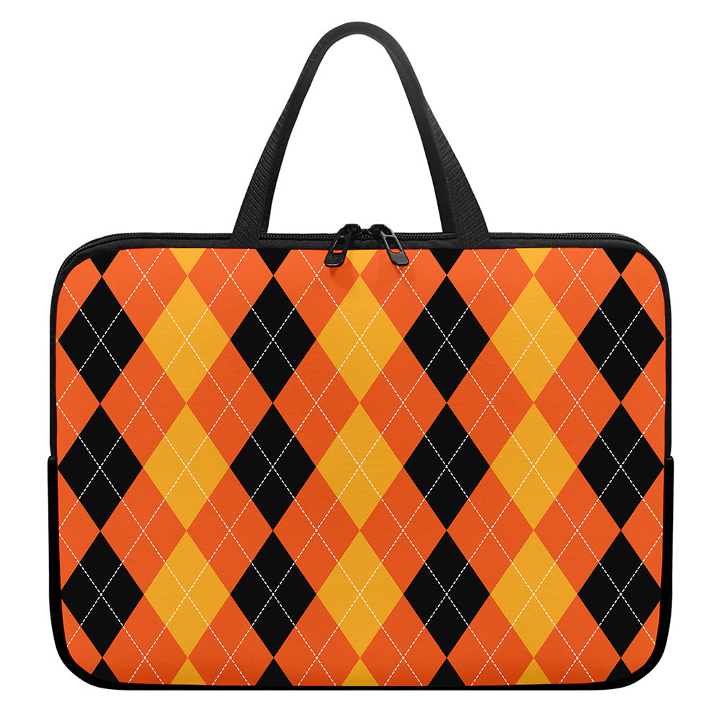 Orange And Black Argyle Pattern Print Laptop Sleeve With Handle