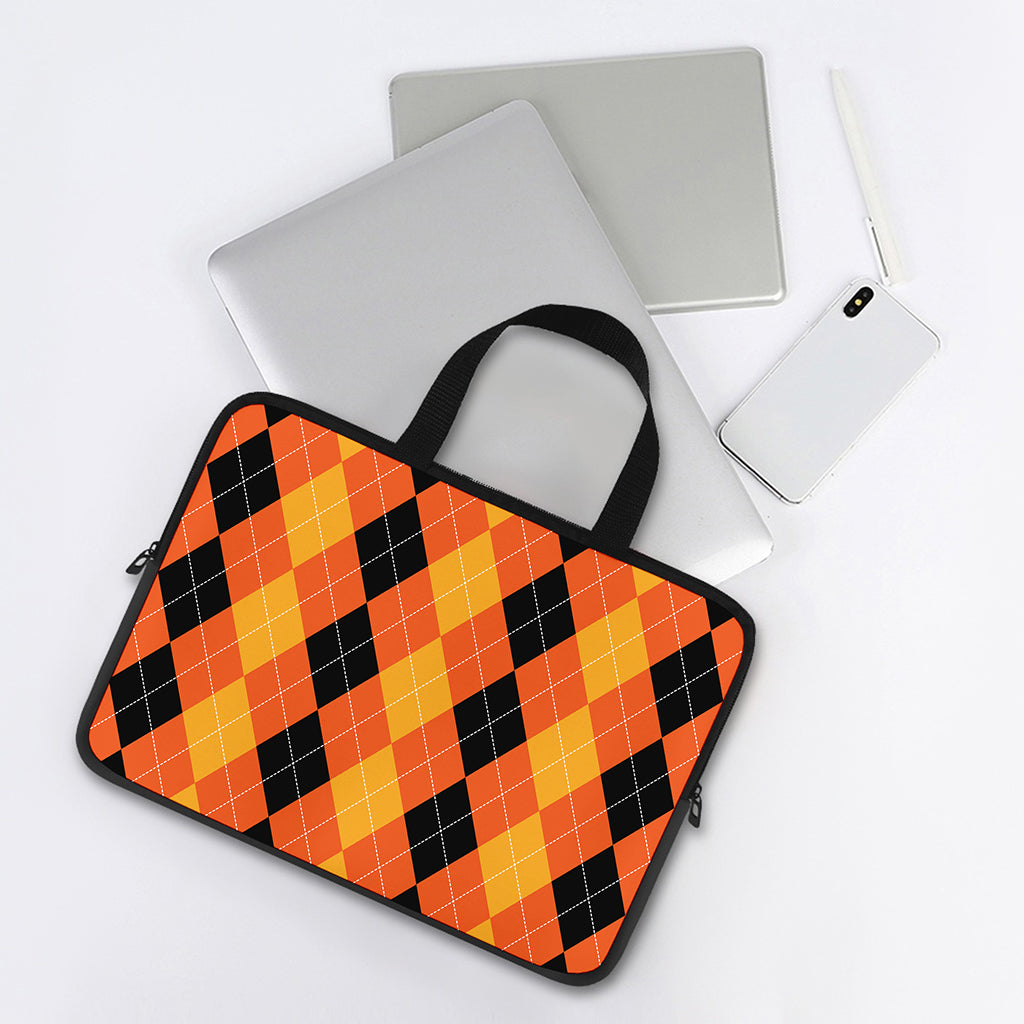 Orange And Black Argyle Pattern Print Laptop Sleeve With Handle