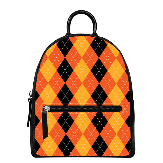 Orange And Black Argyle Pattern Print Leather Backpack