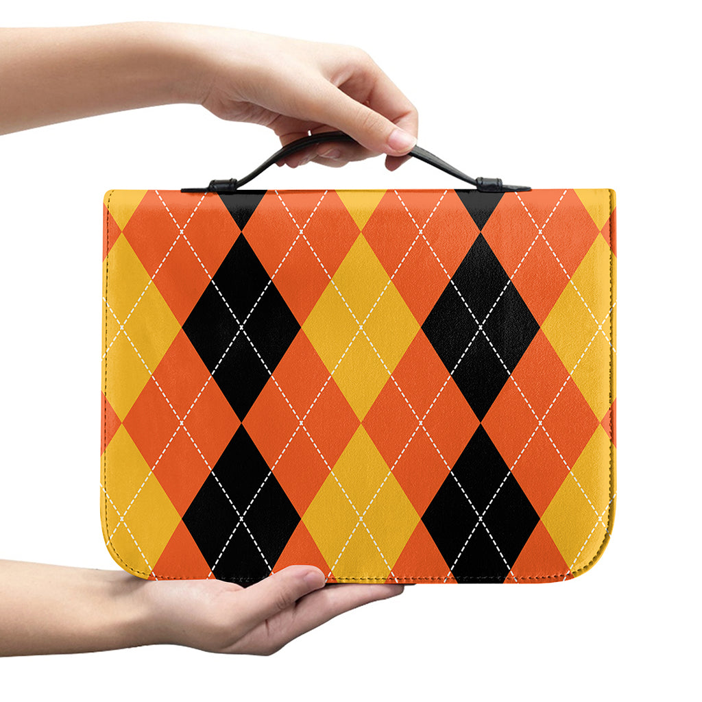 Orange And Black Argyle Pattern Print Leather Bible Cover