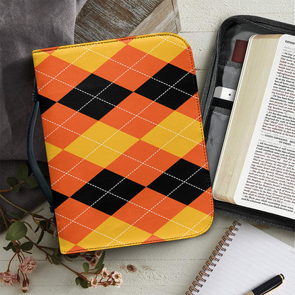 Orange And Black Argyle Pattern Print Leather Bible Cover