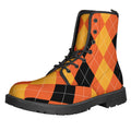 Orange And Black Argyle Pattern Print Lace-Up Boots