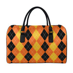 Orange And Black Argyle Pattern Print Leather Duffle Bag