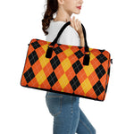 Orange And Black Argyle Pattern Print Leather Duffle Bag