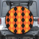 Orange And Black Argyle Pattern Print Leather Spare Tire Cover