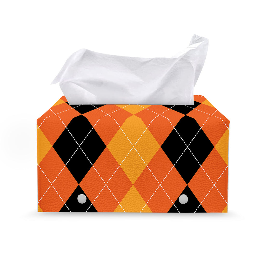 Orange And Black Argyle Pattern Print Leather Tissue Box Cover