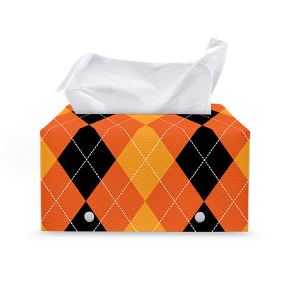 Orange And Black Argyle Pattern Print Leather Tissue Box Cover