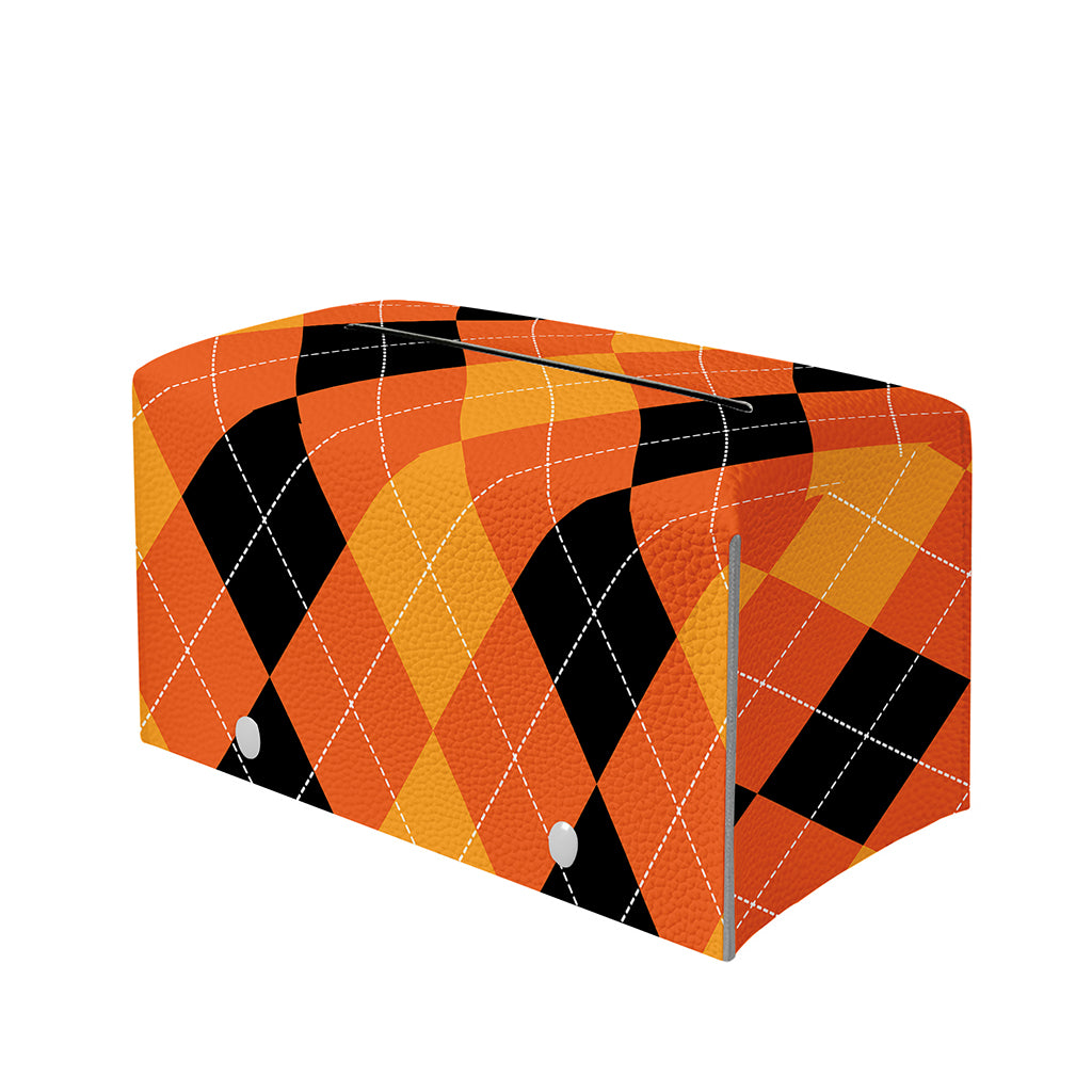 Orange And Black Argyle Pattern Print Leather Tissue Box Cover