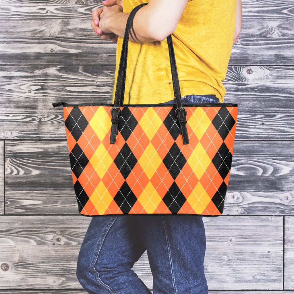 Orange And Black Argyle Pattern Print Leather Tote Bag