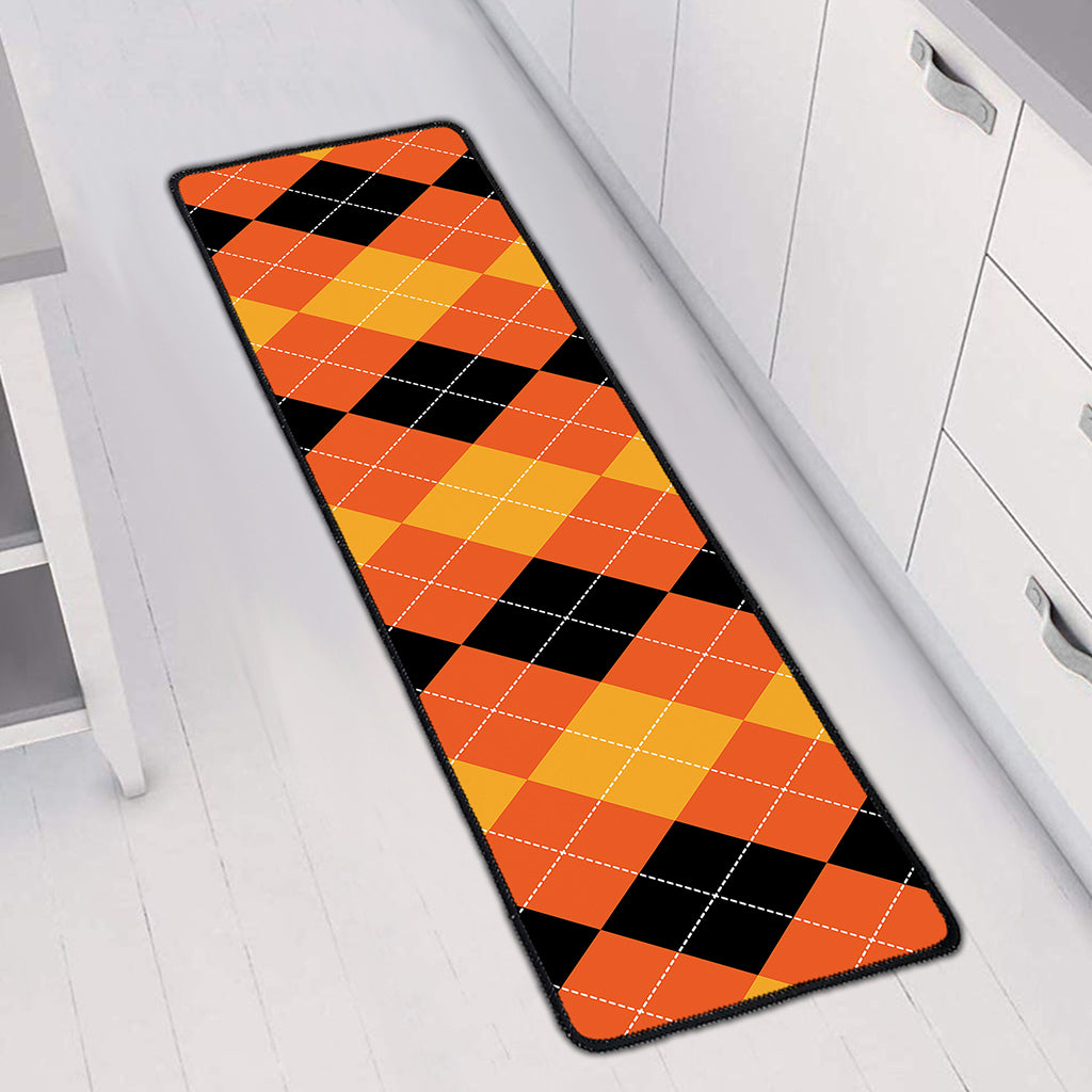 Orange And Black Argyle Pattern Print Long Kitchen Mat