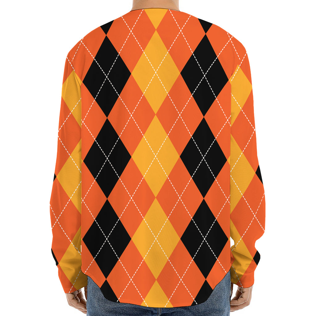 Orange And Black Argyle Pattern Print Long Sleeve Baseball Jersey