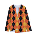 Orange And Black Argyle Pattern Print Long Sleeve Short Coat