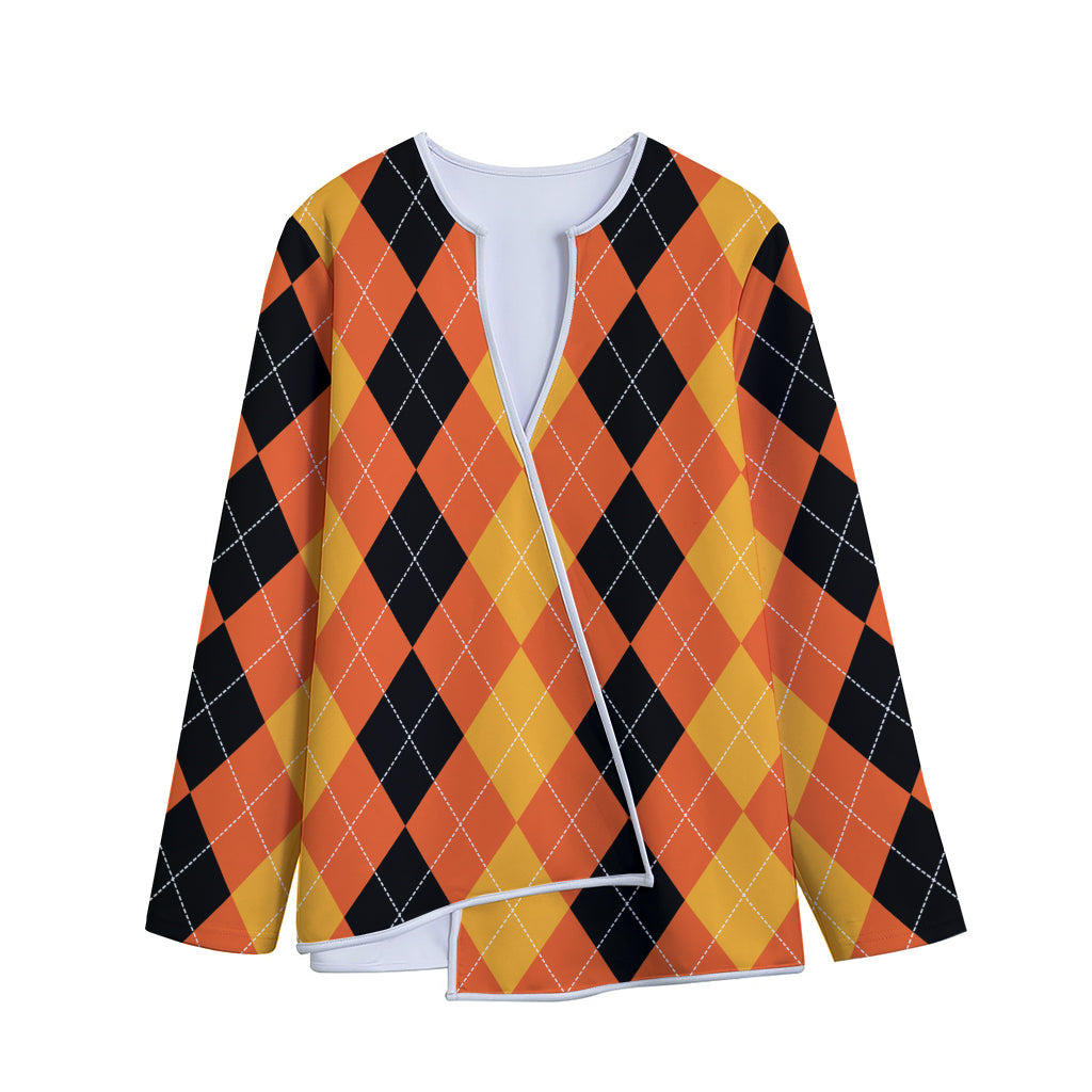 Orange And Black Argyle Pattern Print Long Sleeve Short Coat